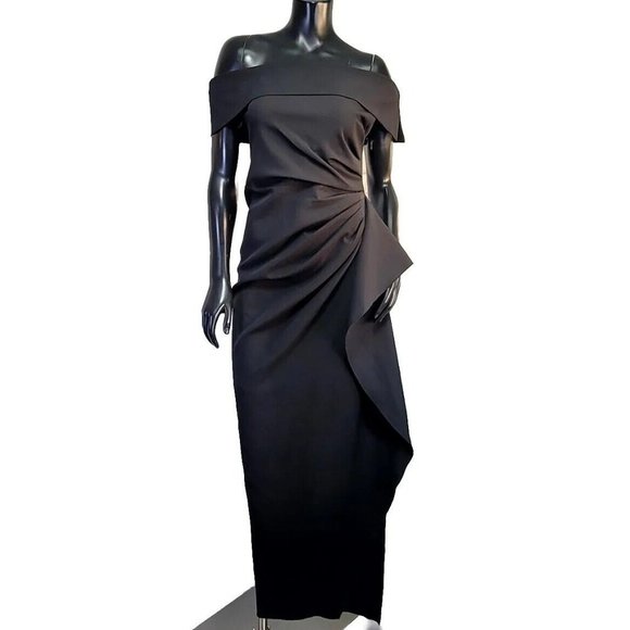 Vince Camuto Womens 4 Off The Shoulder‎ Crepe Column Gown In Black Draped Waist - Picture 1 of 11